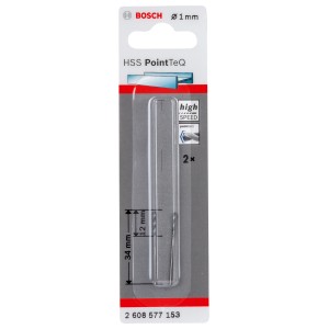 Bosch HSS-Spiralbohrer PointTeQ, 1 mm, 2er-Pack. Metallbohrer für schnelles Bohren.