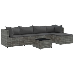 Graues 6-tlg. Garten Lounge Set aus Polyrattan mit Kissen und Tisch.