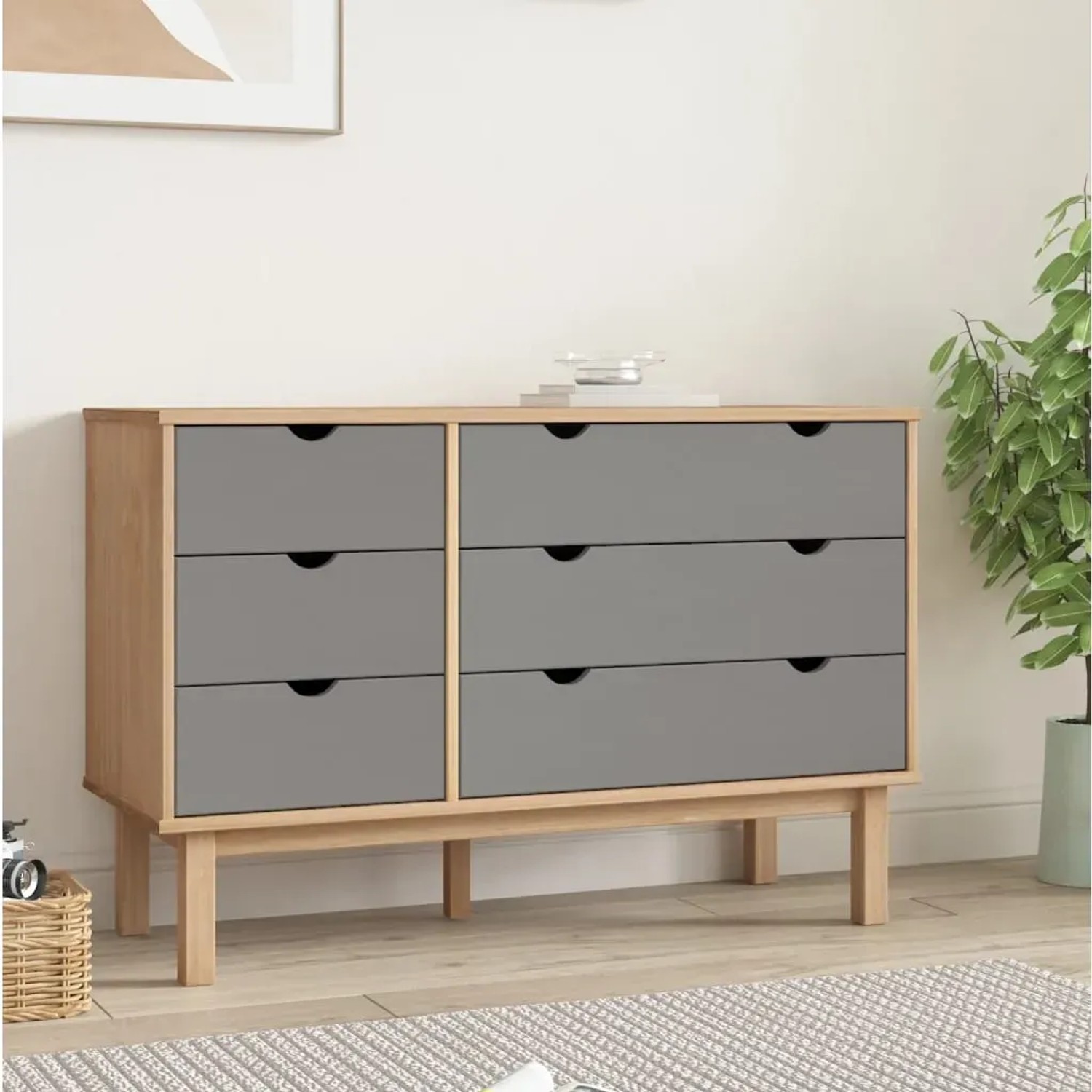 vidaXL Schubladenschrank OTTA, braun/grau, Kiefer Massivholz, 6 Schubladen. Kommode für Wohnzimmer.
