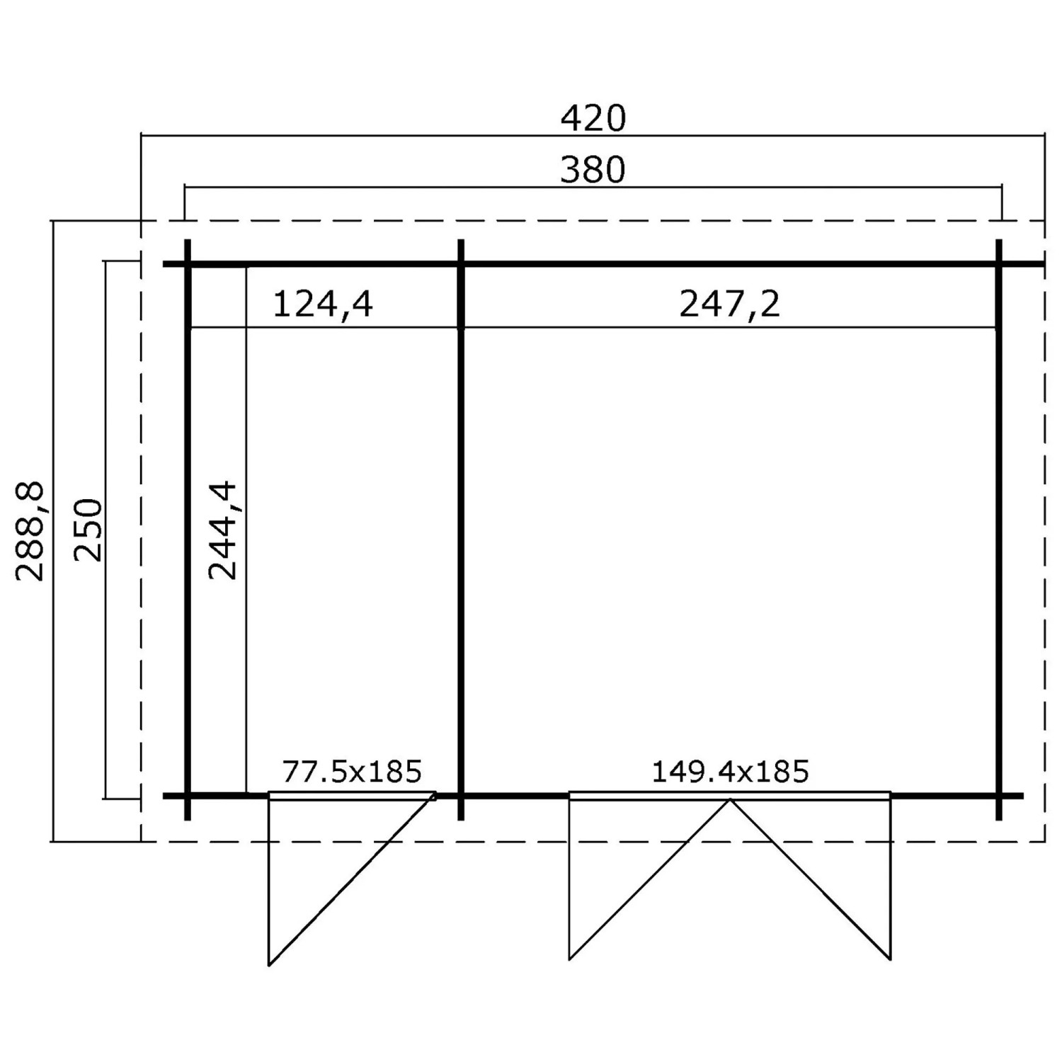 Grundriss Lasita Gartenhaus Belmont 1, 380x250 cm, Carbongrau, mit Maßangaben für Wände und Türen.
