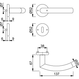 Technische Zeichnung: Hoppe Rosetten Garnitur Narvik Edelstahl Matt OB, Türbeschlag mit Maßen.