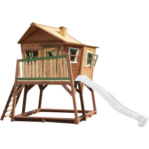 Axi Max Spielhaus mit Rutsche, braun-grün, mit Leiter und Sandkasten unter dem Haus.