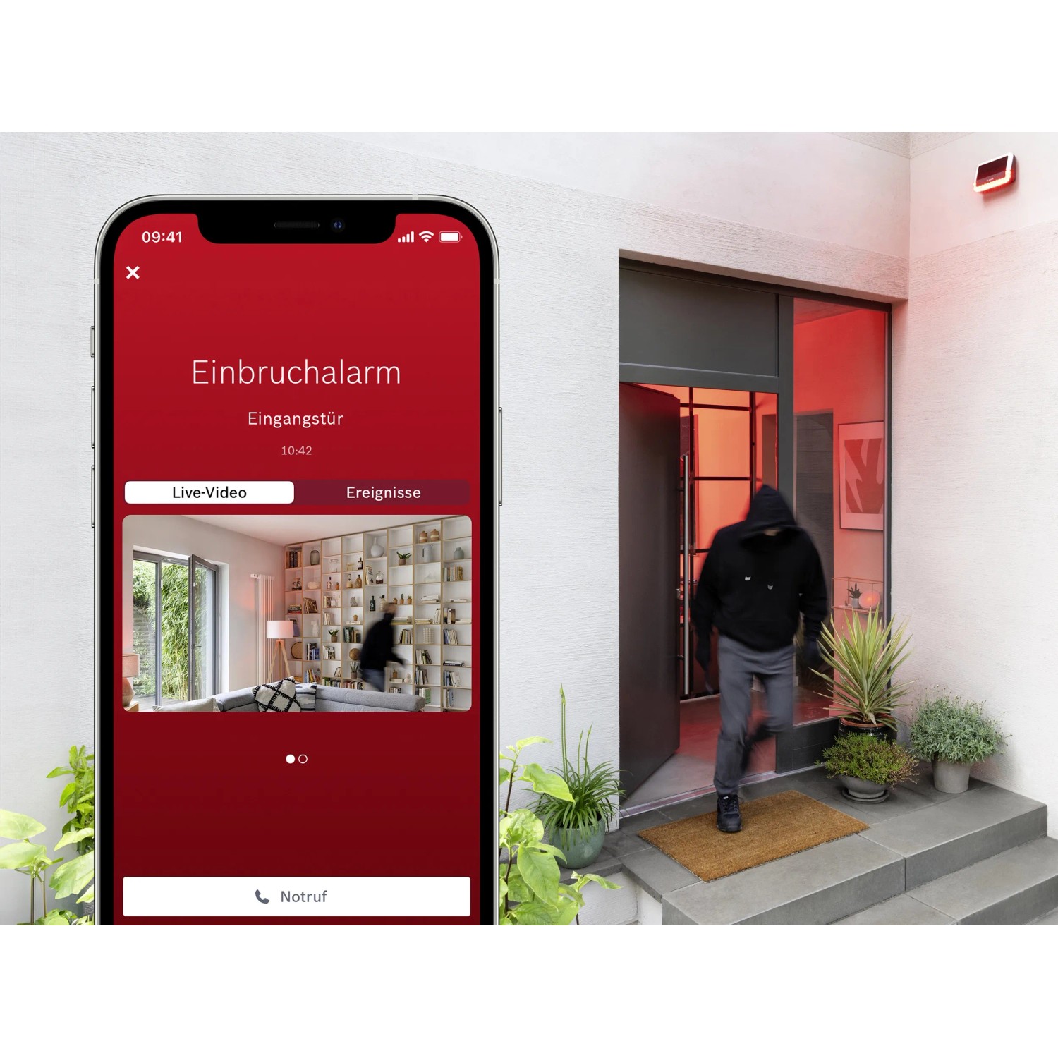 Bosch Smart Home Außensirene mit Einbrecher und Smartphone-Alarm-App im Einsatz.
