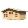 Unbehandeltes Karibu Holz-Gartenhaus mit Satteldach, 492x312 cm. Naturholz mit Fenster und Türen.
