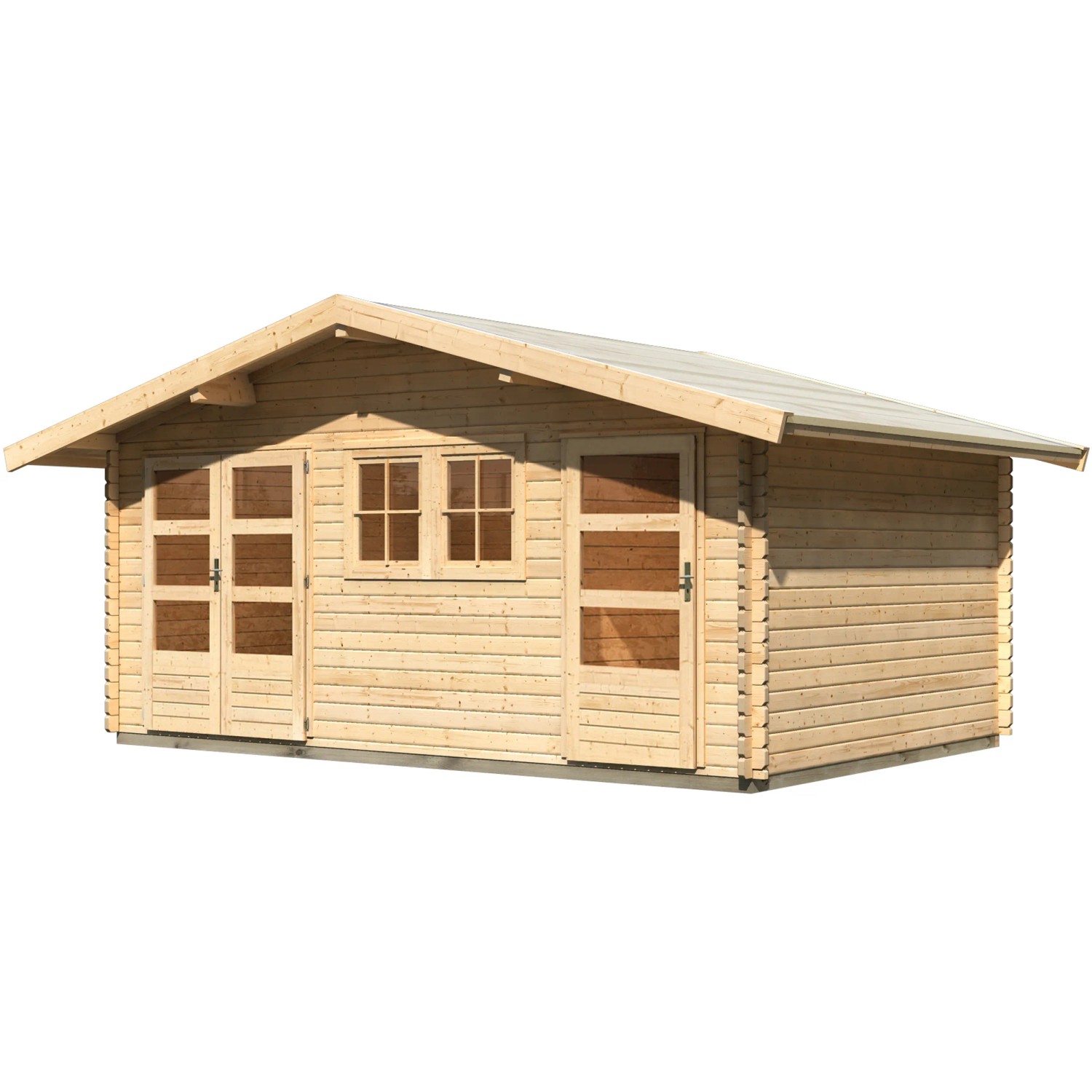 Unbehandeltes Karibu Holz-Gartenhaus mit Satteldach, 492x312 cm. Naturholz mit Fenster und Türen.