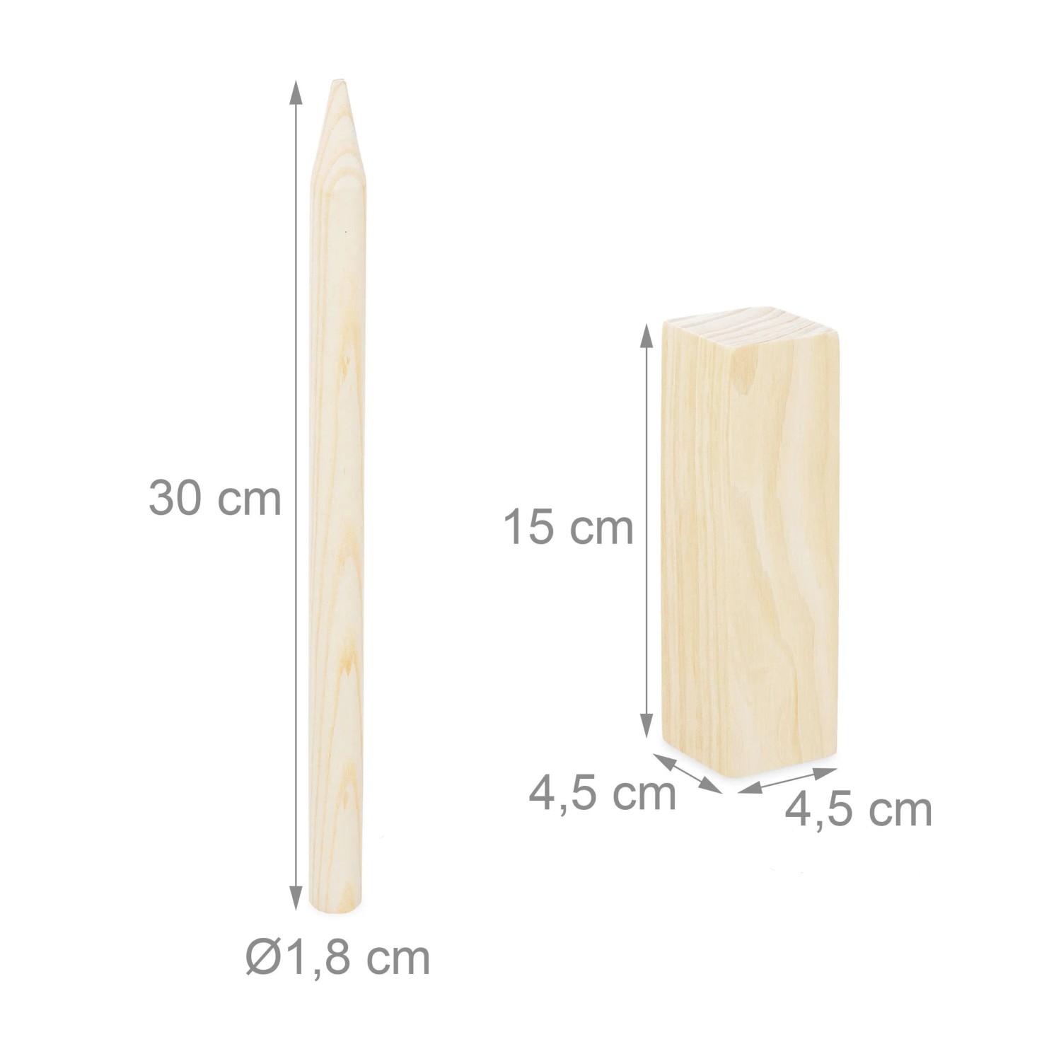 Kubb Wikingerspiel: Kiefernholz Markierungsstab (30x1,8cm) und Knecht (15x4,5x4,5cm) mit Maßen. Ideal für Spiel & Spaß.