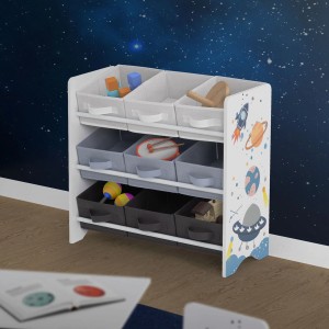 Weißes Joyz Kinderregal "Weltraum" mit 9 Stoffboxen in Grau- und Blautönen. Ideal zur Aufbewahrung von Spielzeug.