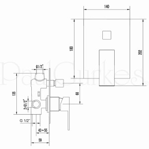 Technische Zeichnung: PaulGurkes Unterputz Duschsystem mit Maßen für Deckenmontage.