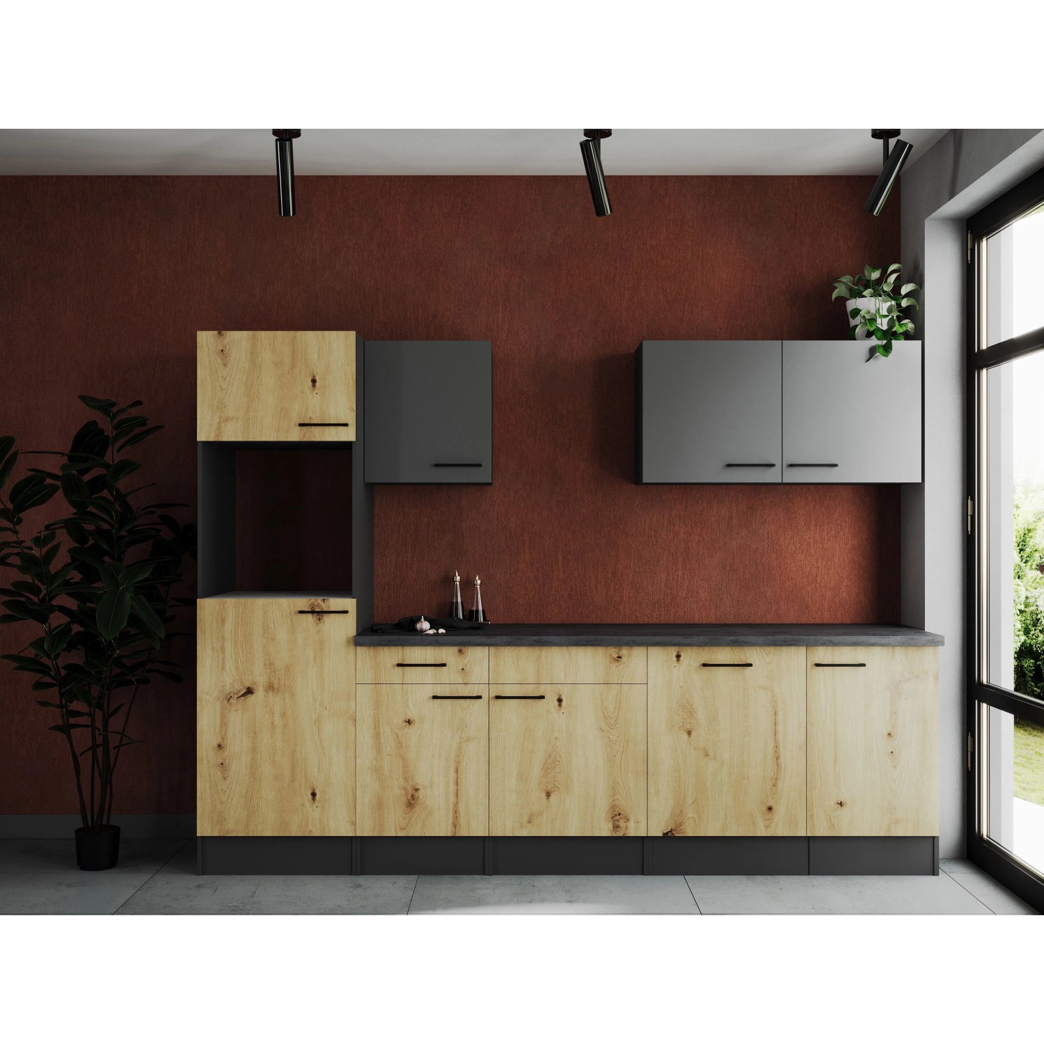 Respekta Küchenzeile Oliver 280 cm Artisan Eiche / Grau Matt ohne E-Geräte