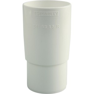 Weiße Marley Rohrmuffe DN 53 für Kunststoff-Dachrinnen, Detailaufnahme.