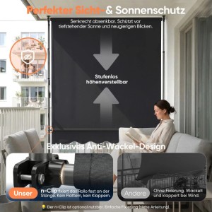 Sekey Klemmmarkise für Balkon mit Kurbel ohne Bohren Sonnenschutz UV-beständig Balkonmarkise 200 x 130 cm Dunkelgrau