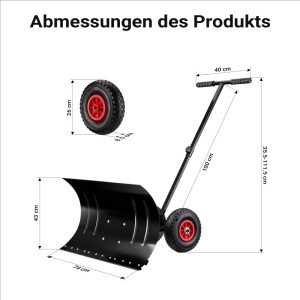 Wiltec Schneeschieber mit Rädern, 74x43cm Stahl-Schaufel. Pneumatische Räder (26cm), verstellbarer Griff (bis 111.5cm).