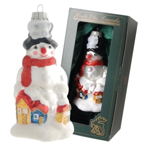 Weihnachtsornament: Schneemann mit Häusern, 12cm, von Krebs Glas Lauscha. Christbaumkugel aus Glas.