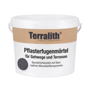 Terralith Drän Pflasterfugenmörtel Anthrazit im Eimer. Spezialmörtel für Gehwege & Terrassen, wasserdurchlässig.