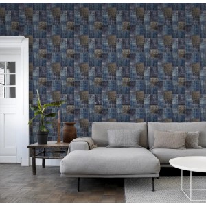 Origin Wallcoverings Tapete Kelim-Patchwork in Taupe und Blau im Wohnraum.