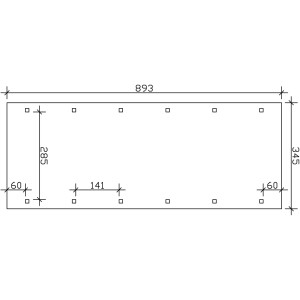 Technische Zeichnung: Skan Holz Carport Spreewald, 345x893cm, rote Blende, Maße und Pfostenanordnung.