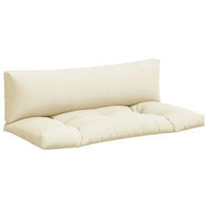 Cremefarbenes 2-teiliges Palettenkissen-Set aus Stoff. Sitzkissen und Rückenkissen für Gartenstuhlauflagen.