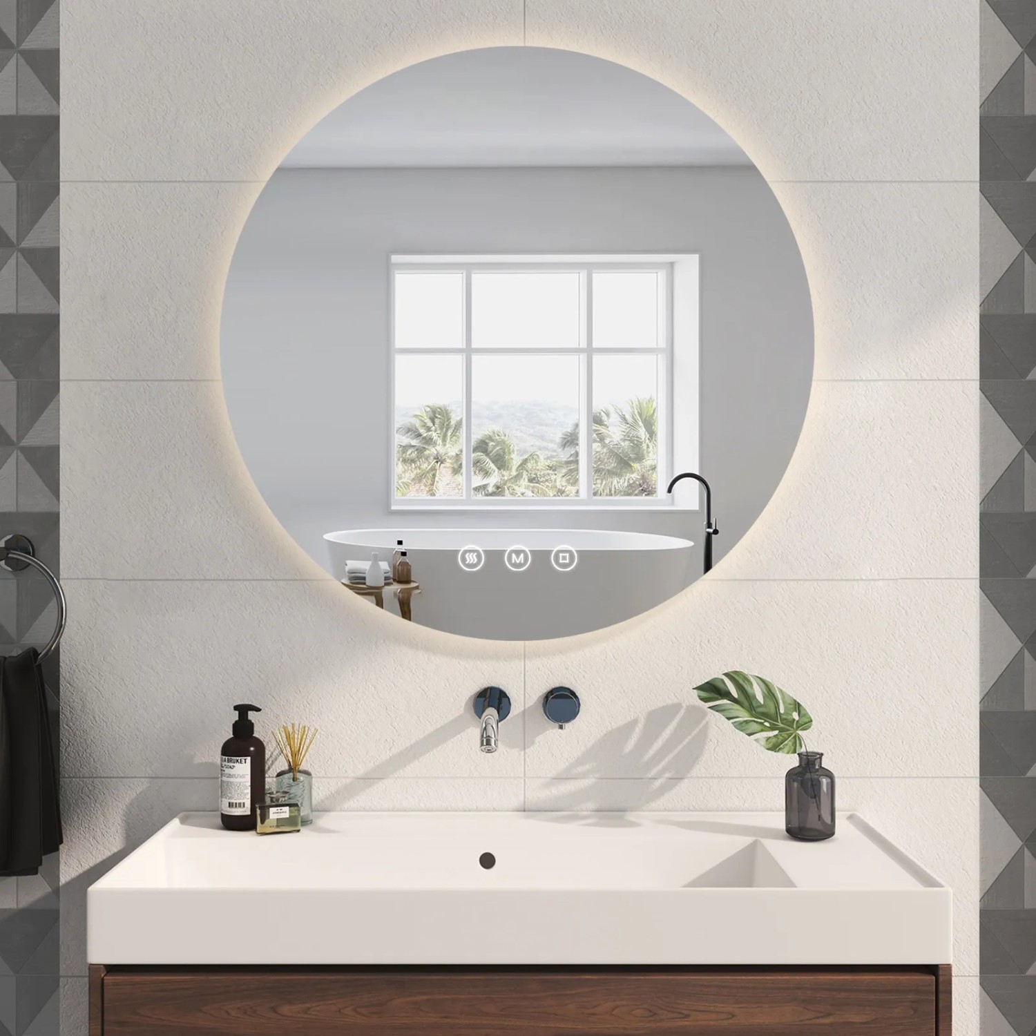 Runder Emke Badspiegel 80cm mit LED-Beleuchtung und Antibeschlag im modernen Badezimmer.