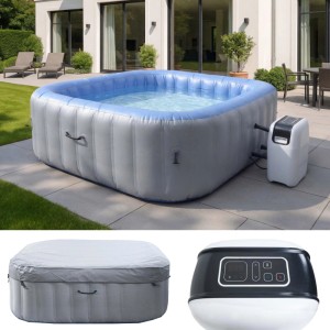 Aufblasbarer, eckiger MCW Whirlpool N97 für 6 Personen, grau-blau, mit Heizung und Abdeckung.