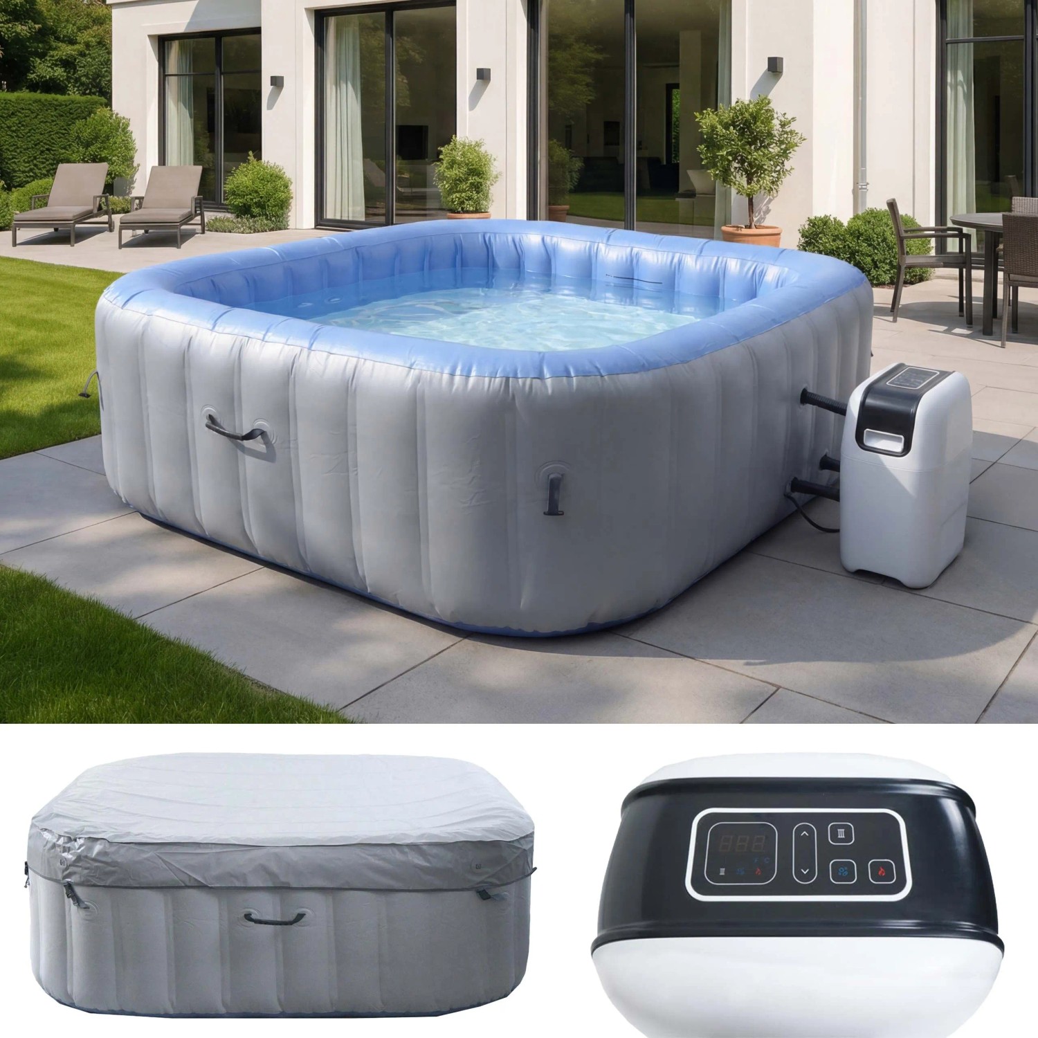 Aufblasbarer, eckiger MCW Whirlpool N97 für 6 Personen, grau-blau, mit Heizung und Abdeckung.