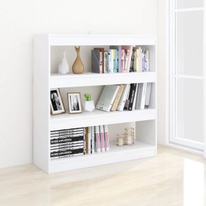 Weißes VidaXL Bücherregal (100x30x103 cm) als Raumteiler mit drei Fächern, gefüllt mit Büchern und Deko.