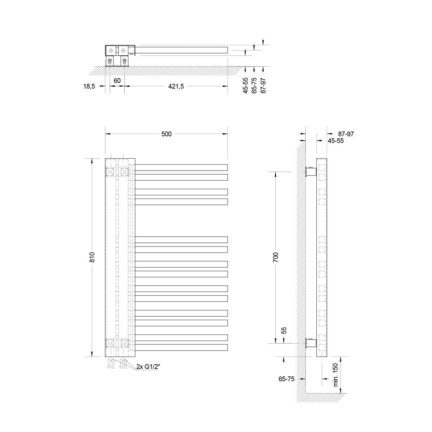 Technische Zeichnung: Schulte Design-Heizkörper Bologna, 81x50 cm, Anthrazit, Version Links, mit Maßangaben.