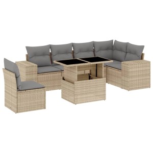 Beige 7-tlg. vidaXL Garten-Sofagarnitur aus Rattan mit Tisch und grauen Kissen.