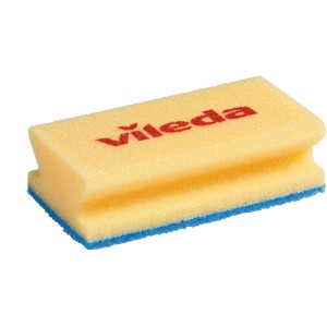 Vileda Glitzi Jumbo Sanft Reinigungsschwamm, gelb mit blauem Rand und rotem Logo.