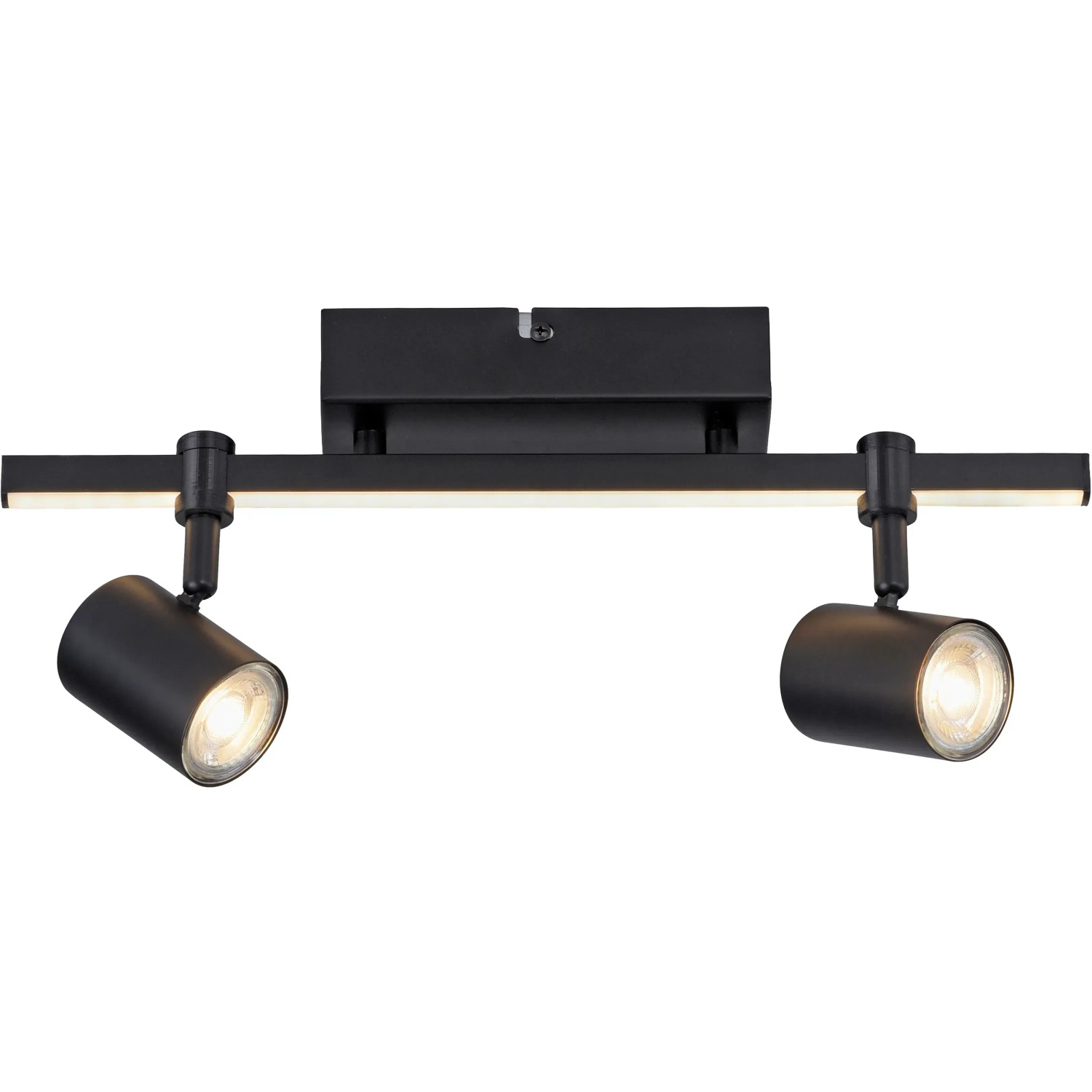 Schwarze Paul Neuhaus Barik Wand-/Deckenleuchte mit 2 Spots und LED-Leiste.