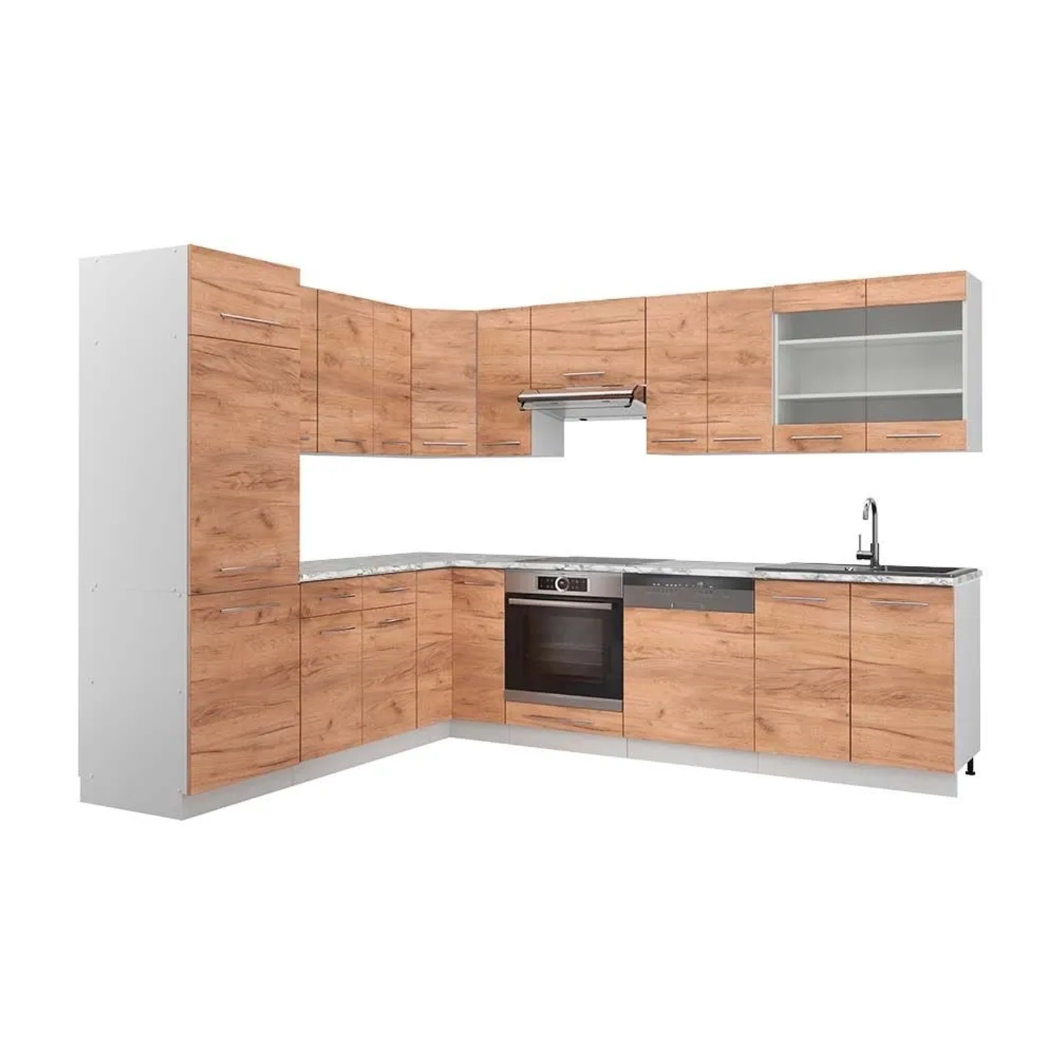 Vicco Eckküche Fame-Line Goldkraft Eiche/Weiß 287 x 82, AP Marmor