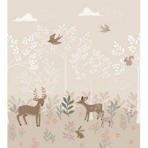 ESTAhome Fototapete Hirsche Beige 250x279cm: Waldszene mit Hirschen, Vögeln und Bäumen.