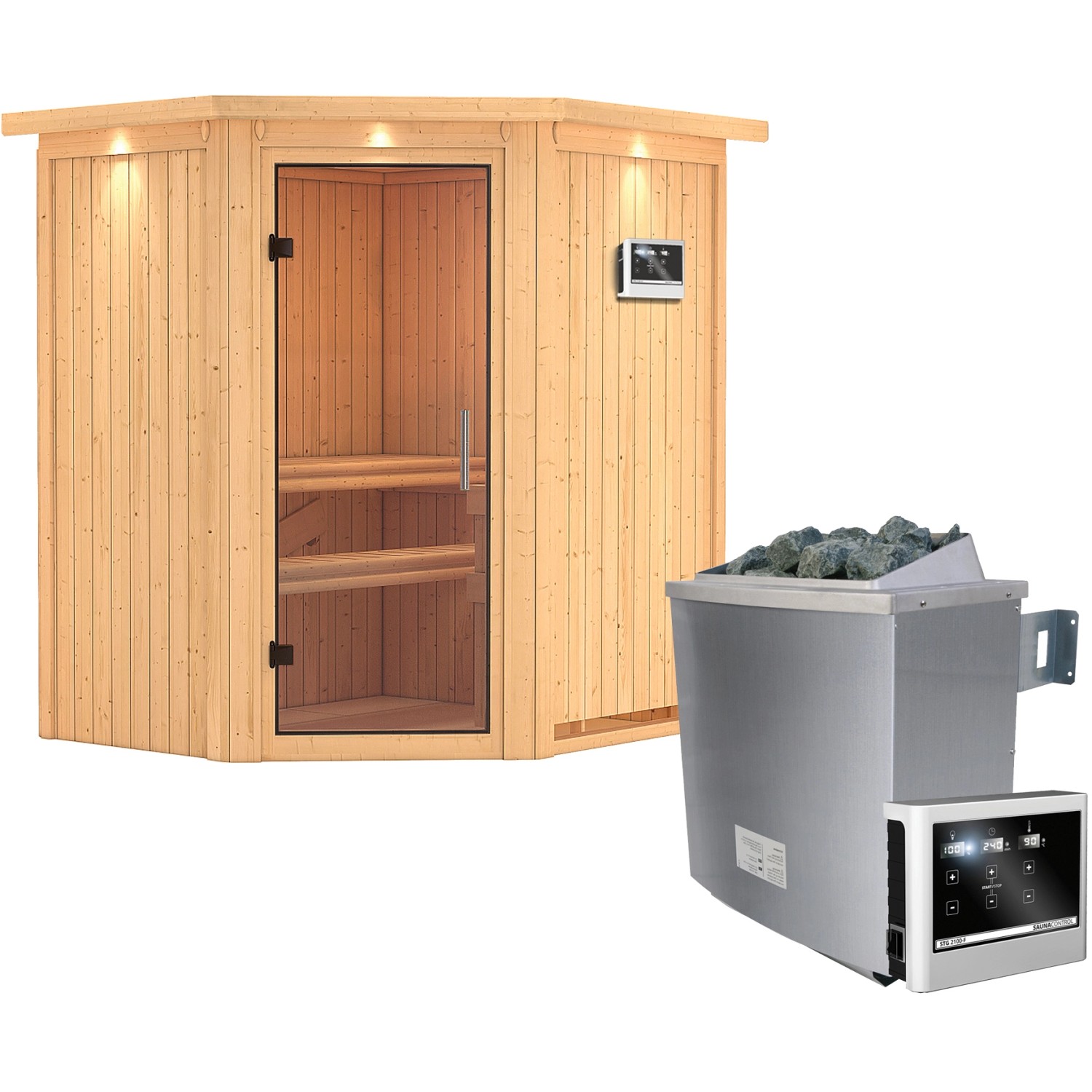 Karibu Sauna Tjorven, Ofen, externe Steuerung Easy, Glastür, LED-Dachkranz