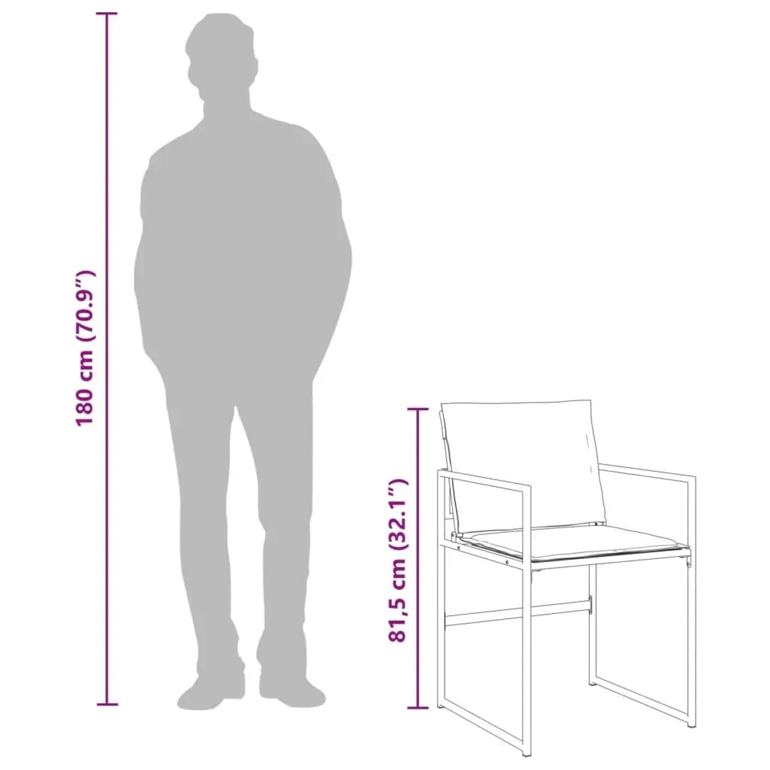 vidaXL Garten-Essgruppe, 17-teilig, weiße Textilene, Maße mit Person als Größenvergleich.