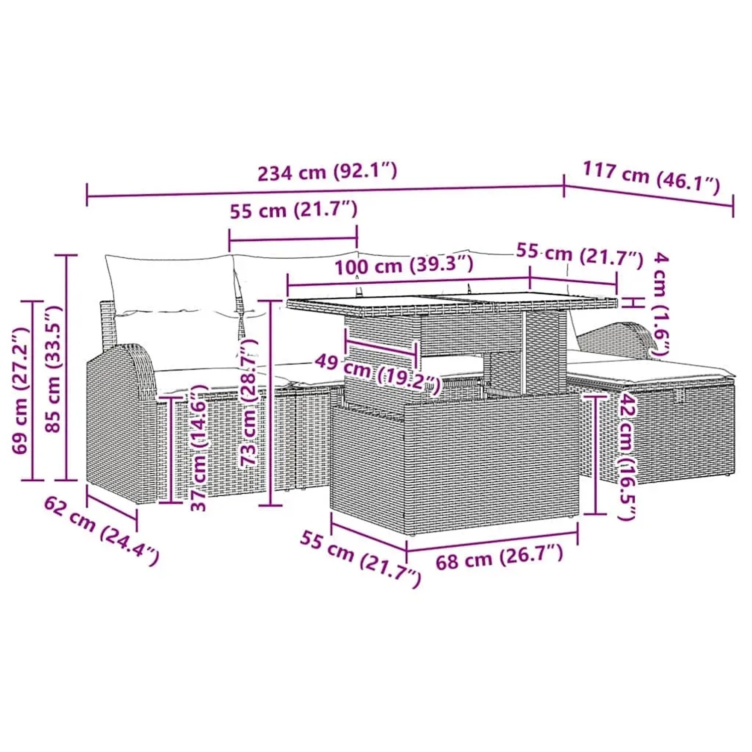 Graues 6-tlg. Garten-Sofa-Set aus Poly Rattan mit Tisch und Kissen, Maße siehe Bild.