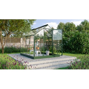 Vitavia Gewächshaus Triton 5000 ESG, smaragdgrün, mit Zubehör-Set im Garten.