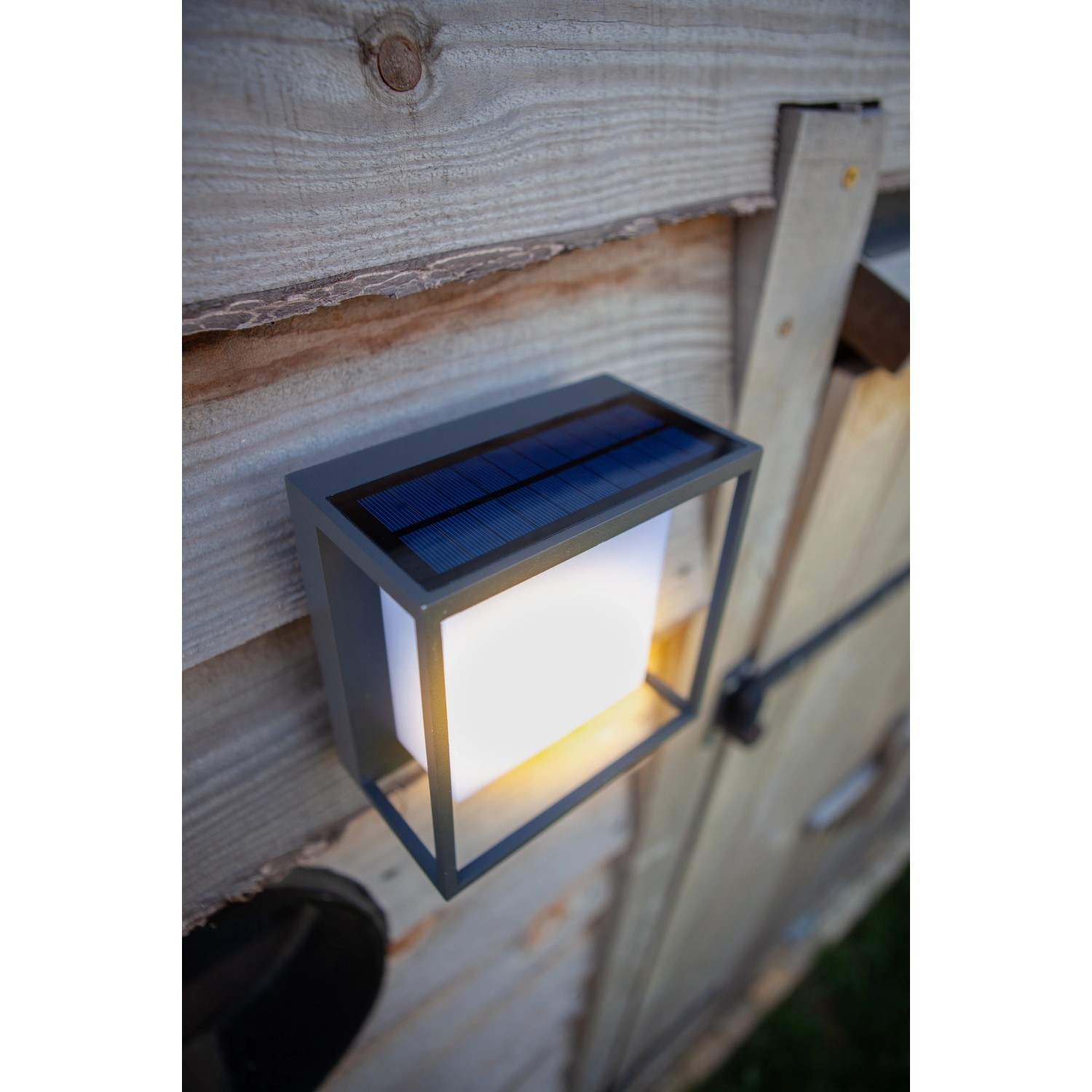 Moderne Lutec LED Solar-Wandleuchte Curtis mit Bewegungsmelder und Solarpanel an einer Holzwand.