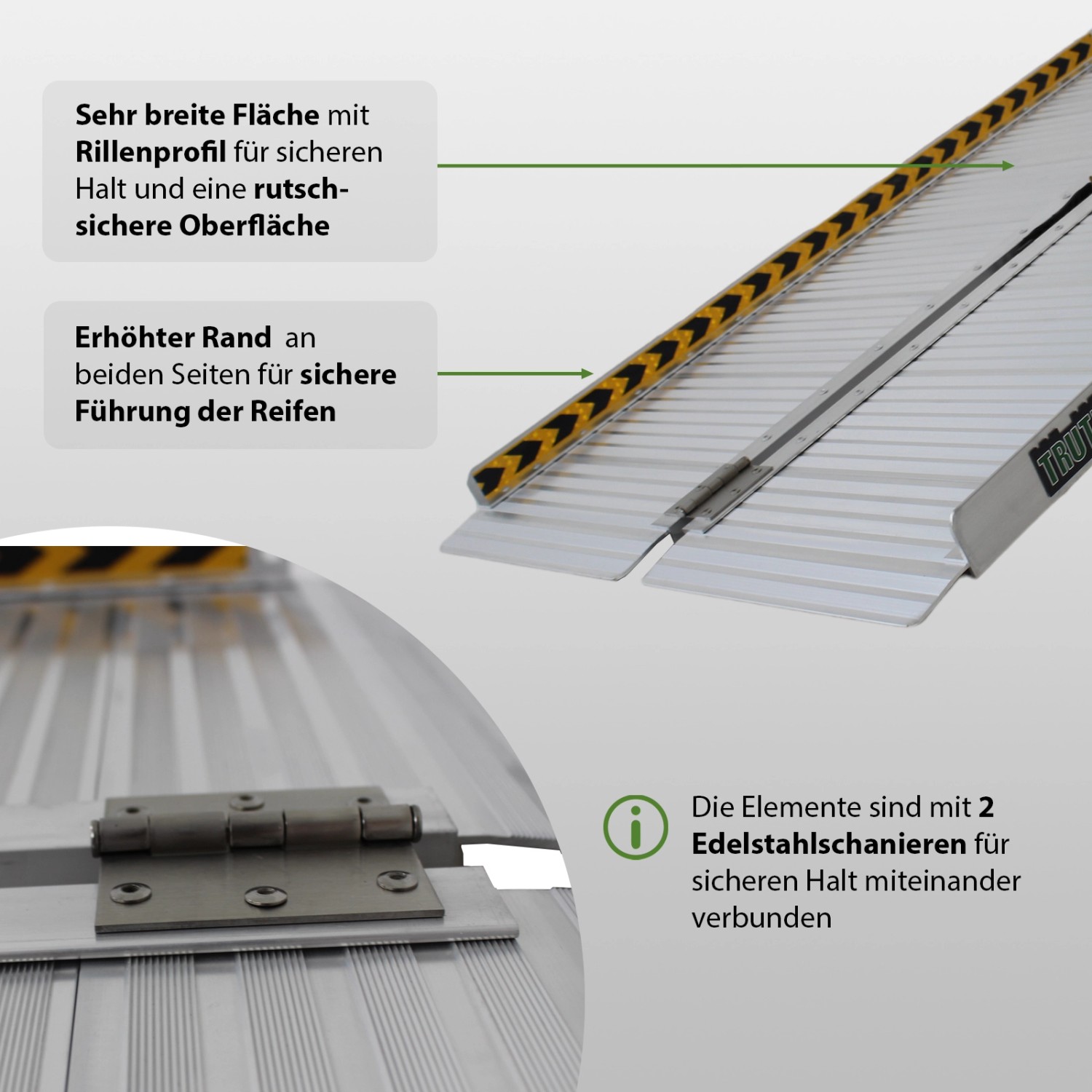 Klappbare Rollstuhlrampe aus Alu, geriffelt, Traglast 272 kg. Ideal für Autoanhänger.
