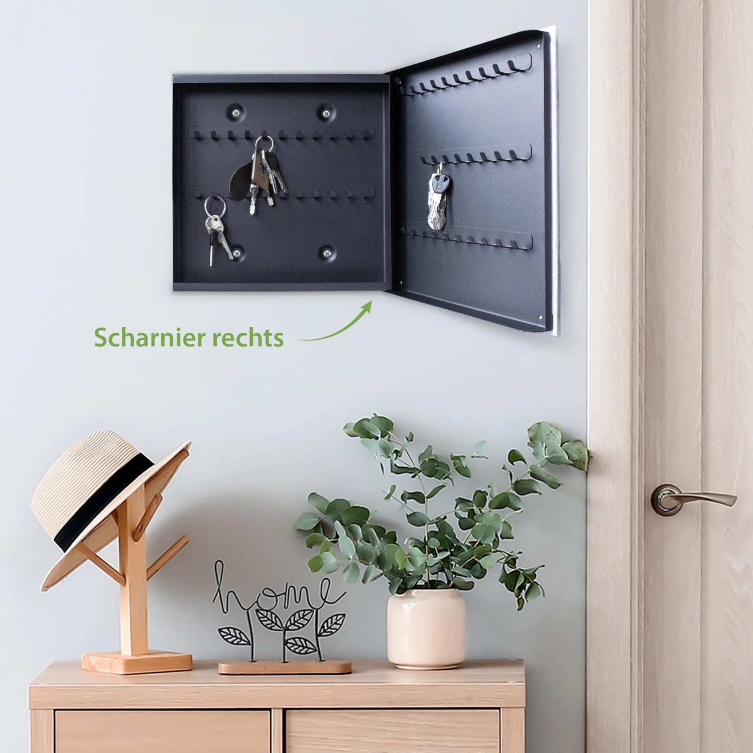 Banjado Schlüsselkasten Glas Magnolia, 30x30cm, schwarz, 50 Haken, Tür rechts, beschreibbar, magnetisch.