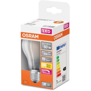 Osram LED-Lampe E27, 8,5W, Glühlampenform in Verpackung. Dimmbar, warmweißes Licht.