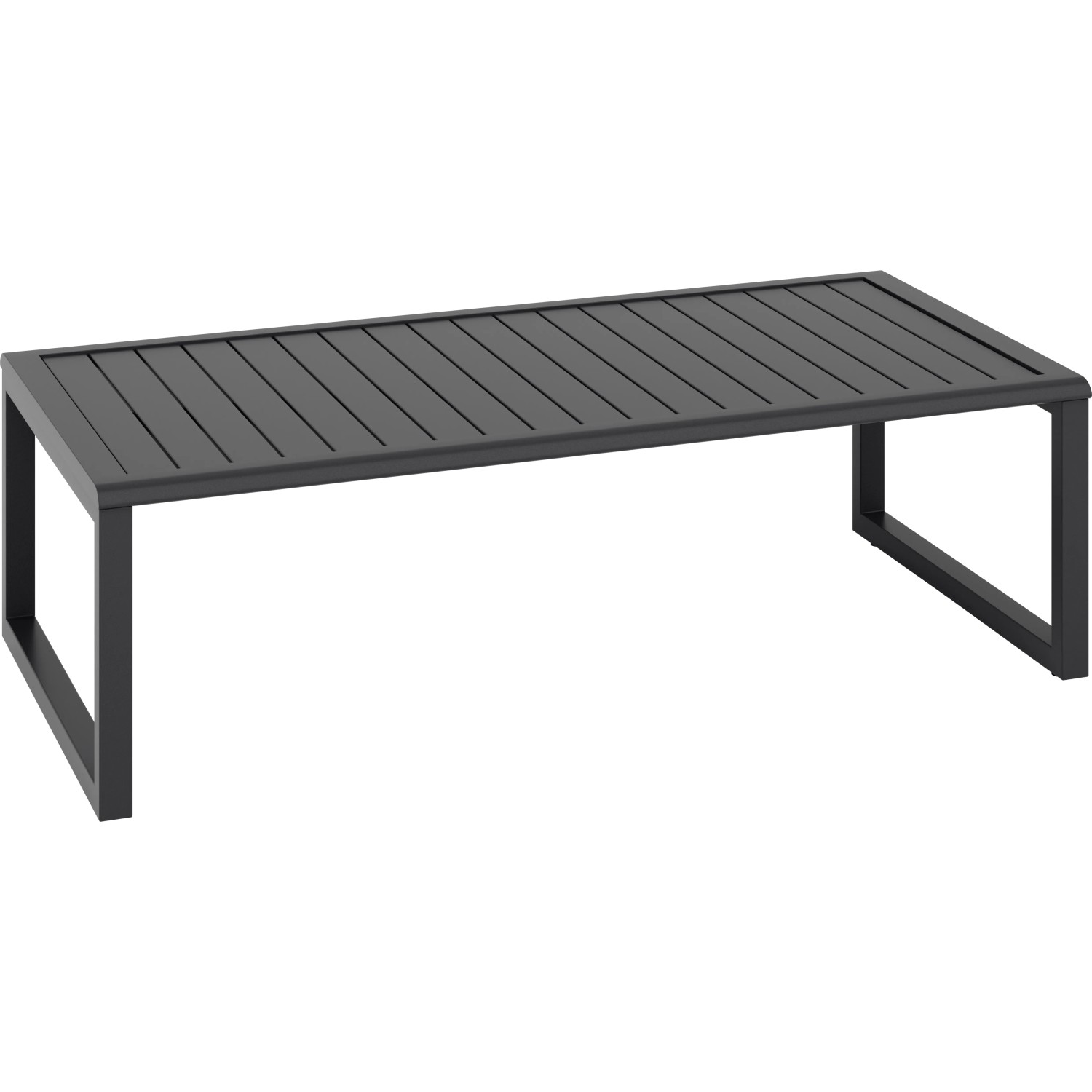 Anthrazitfarbener Alu-Tisch Tamworth mit Lattenplatte, Teil des vielseitigen Lounge- & Esstisch-Sets.
