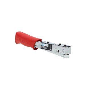 Arrow Hammertacker HT19 für Feindrahtklammern, verchromtes Stahlgehäuse mit rotem Griff.