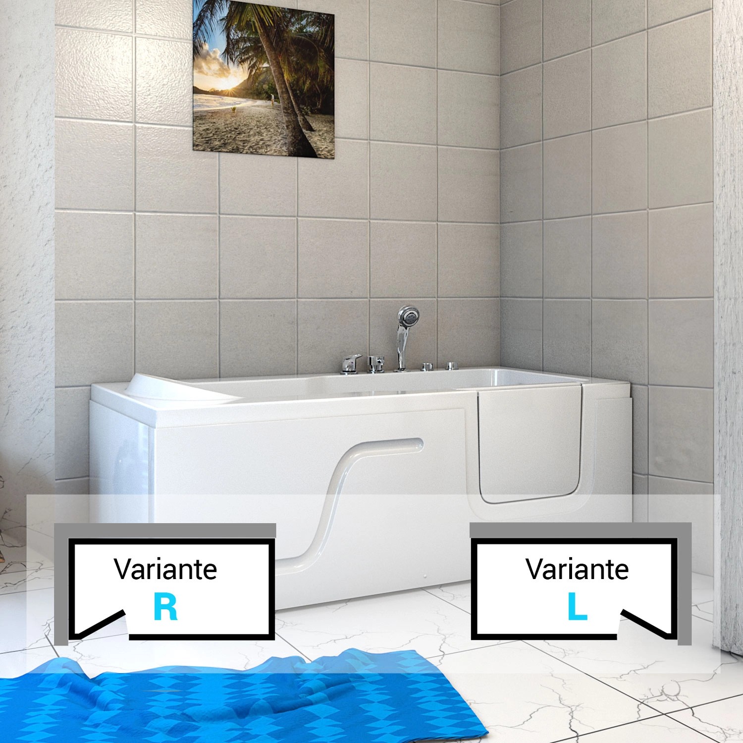 AquaVapore Seniorenwanne mit Tür, links oder rechts, 150x75cm, weiße Rechteck-Badewanne.