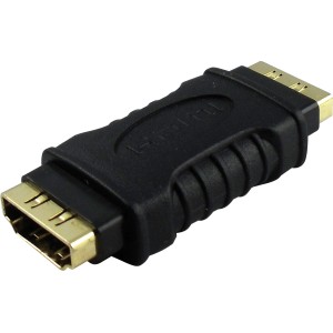 Schwarzer HDMI Verbinder mit vergoldeten Kontakten zur Kabelverlängerung.