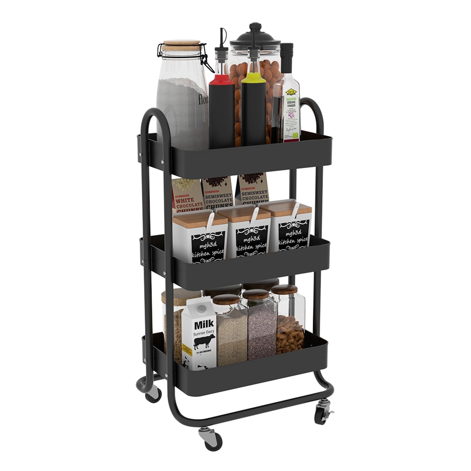 Schwarzes Vicco Rollregal Tron als Küchen-Minibar mit drei Ablagen und diversen Küchenutensilien.