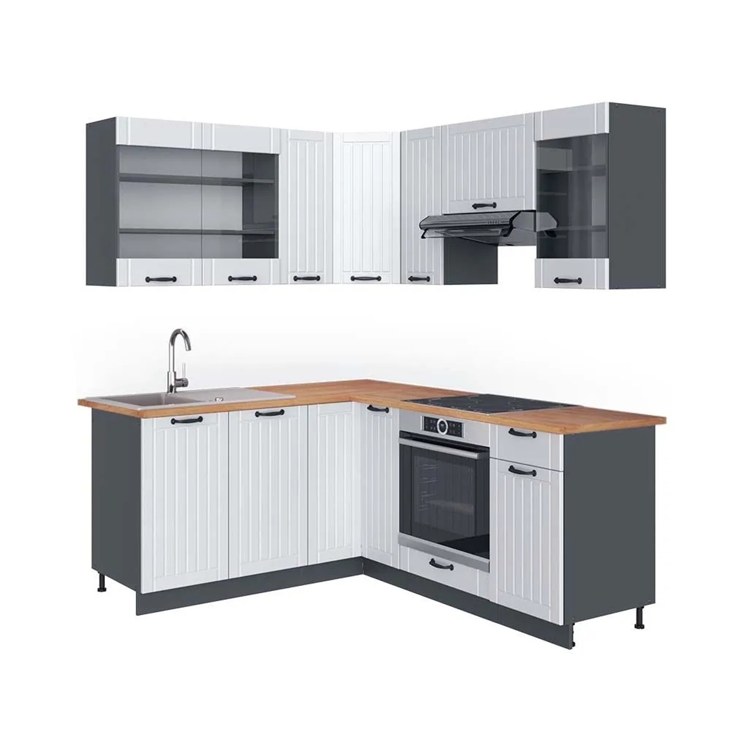 Vicco Eckküche Fame-Line Weiß Landhaus/Anthrazit 190 x 82, AP Eiche