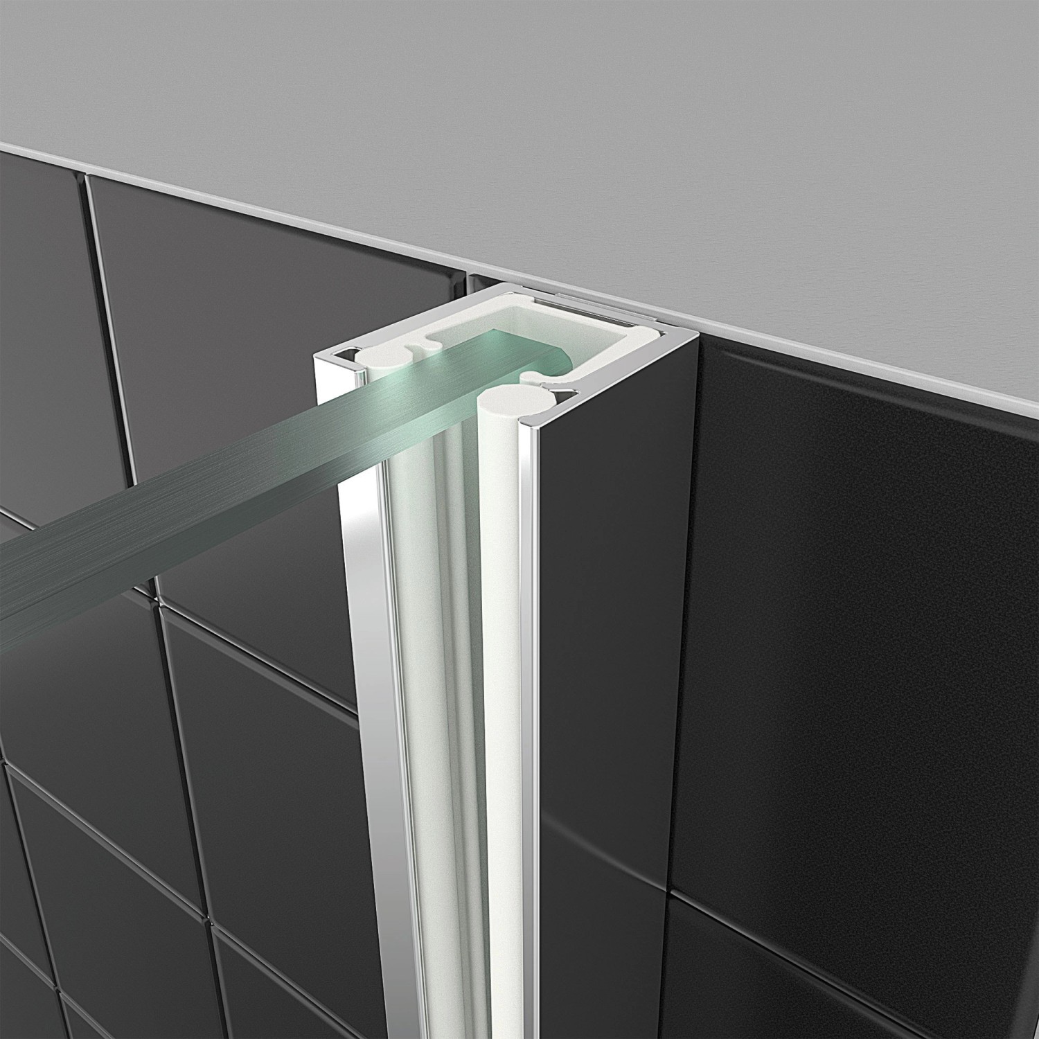 Detailaufnahme: Breuer Panorama Duschwand mit Chromprofil und Klarglas.