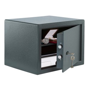 Burg Wächter Möbeltresor Pure Safe PS 130 K Anthrazit mit geöffneter Tür und Inhalt.