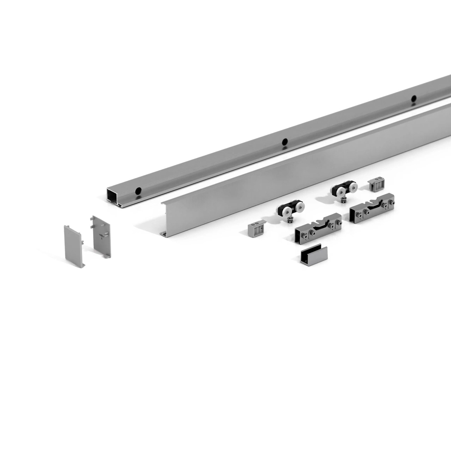 Levidor Glasschiebetür Komplettset Zubehör: Laufschiene, Abdeckblende, Laufwagen und Montagezubehör.
