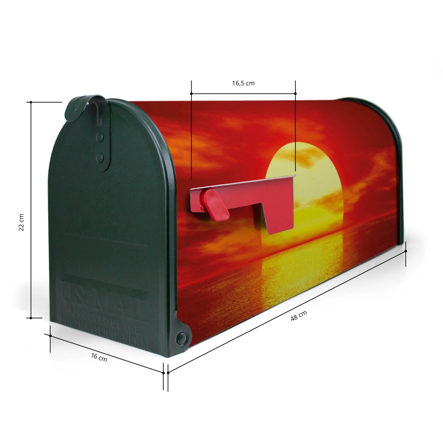 Grüner Banjado US Briefkasten mit Sonnenuntergang Motiv, 48x22x16cm. Amerikanischer Postkasten aus Stahl.