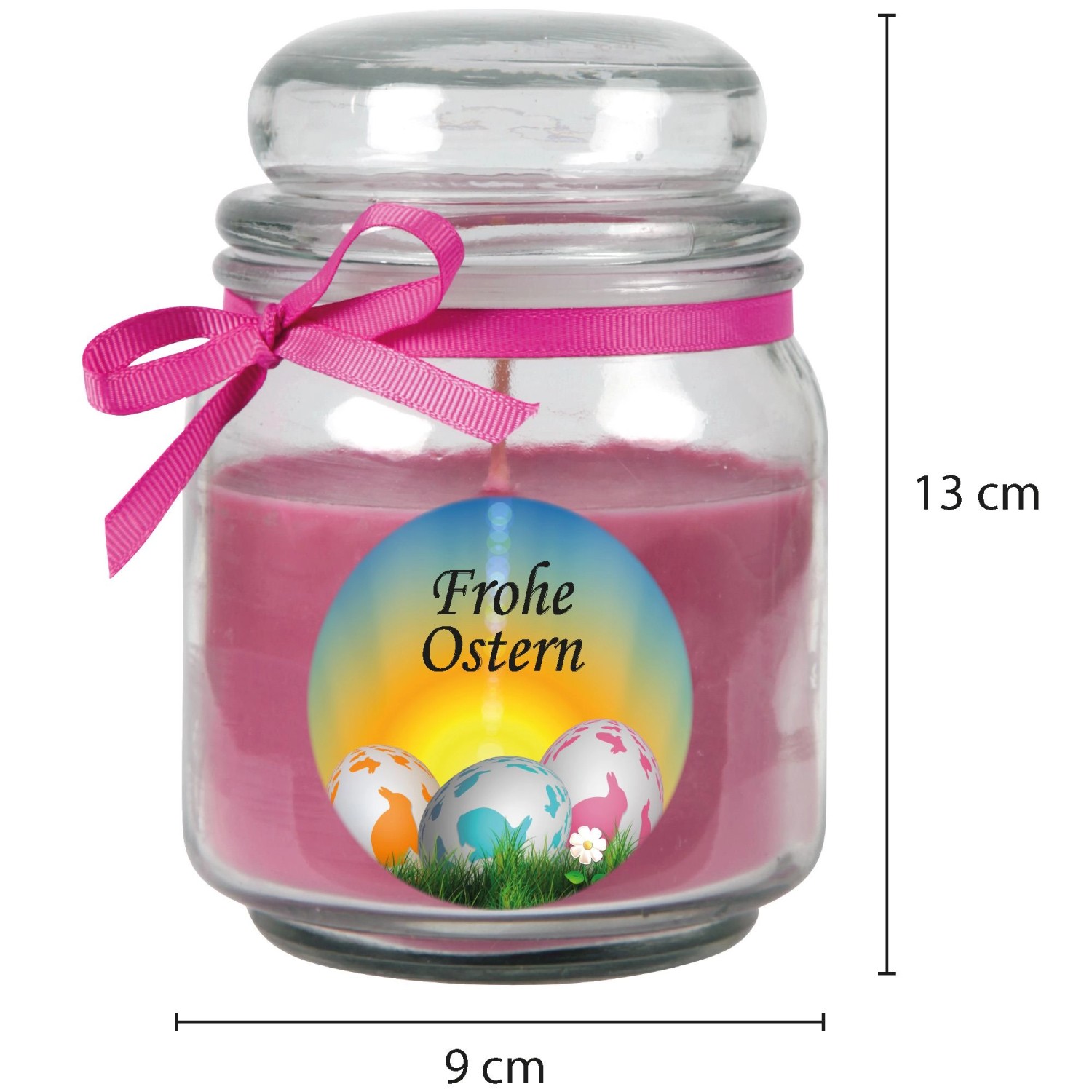 Duftkerze 'Frohe Ostern' im Glas mit Lavendelduft und Ostereier-Motiv, Ø9cm.